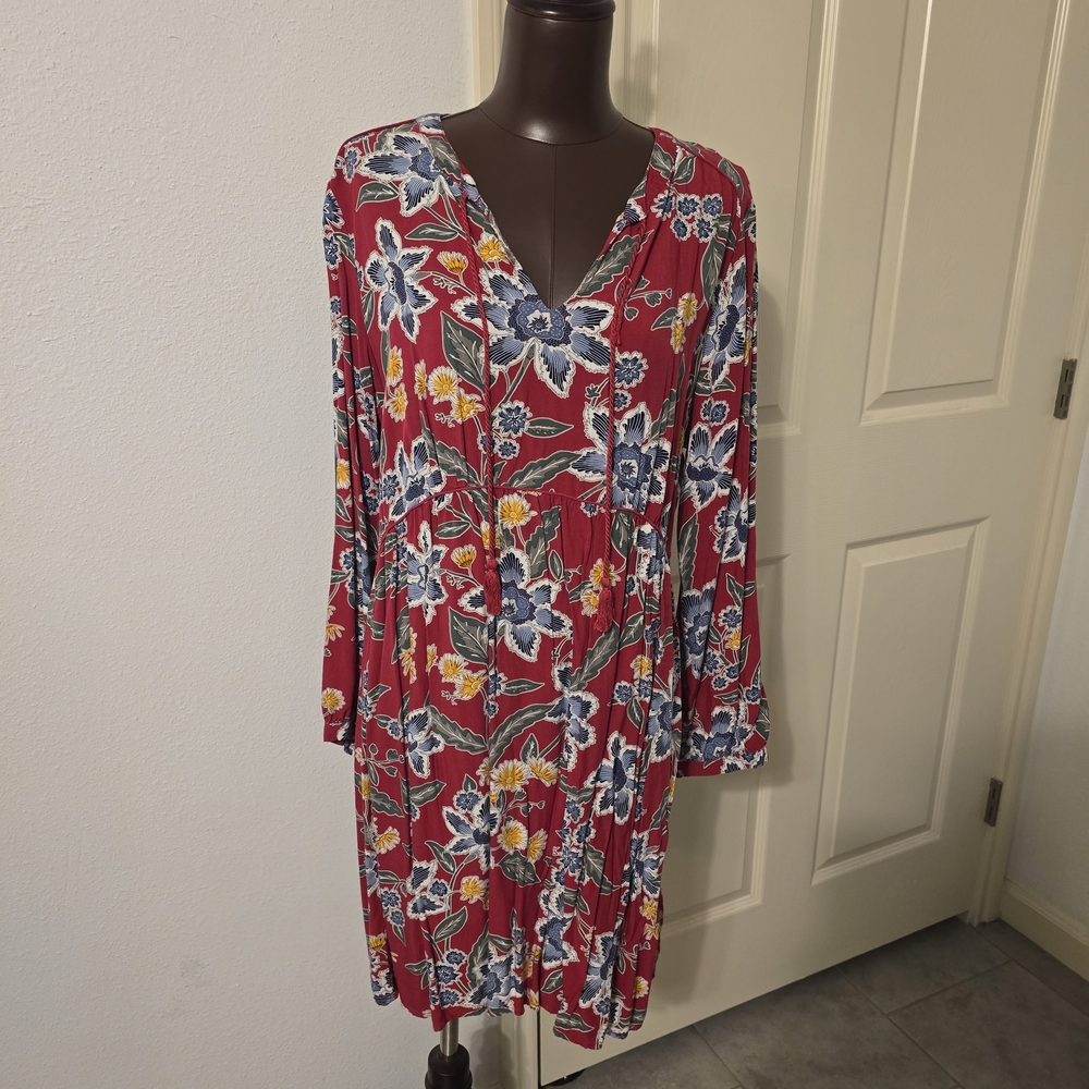 Old Navy Red Floral V-Neck Dress with Blue & Yellow Accents